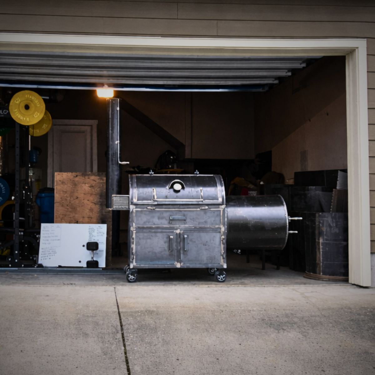 80-Gallon King backyard offset smoker in a residential garage, hand-welded and built to order in the Pacific Northwest