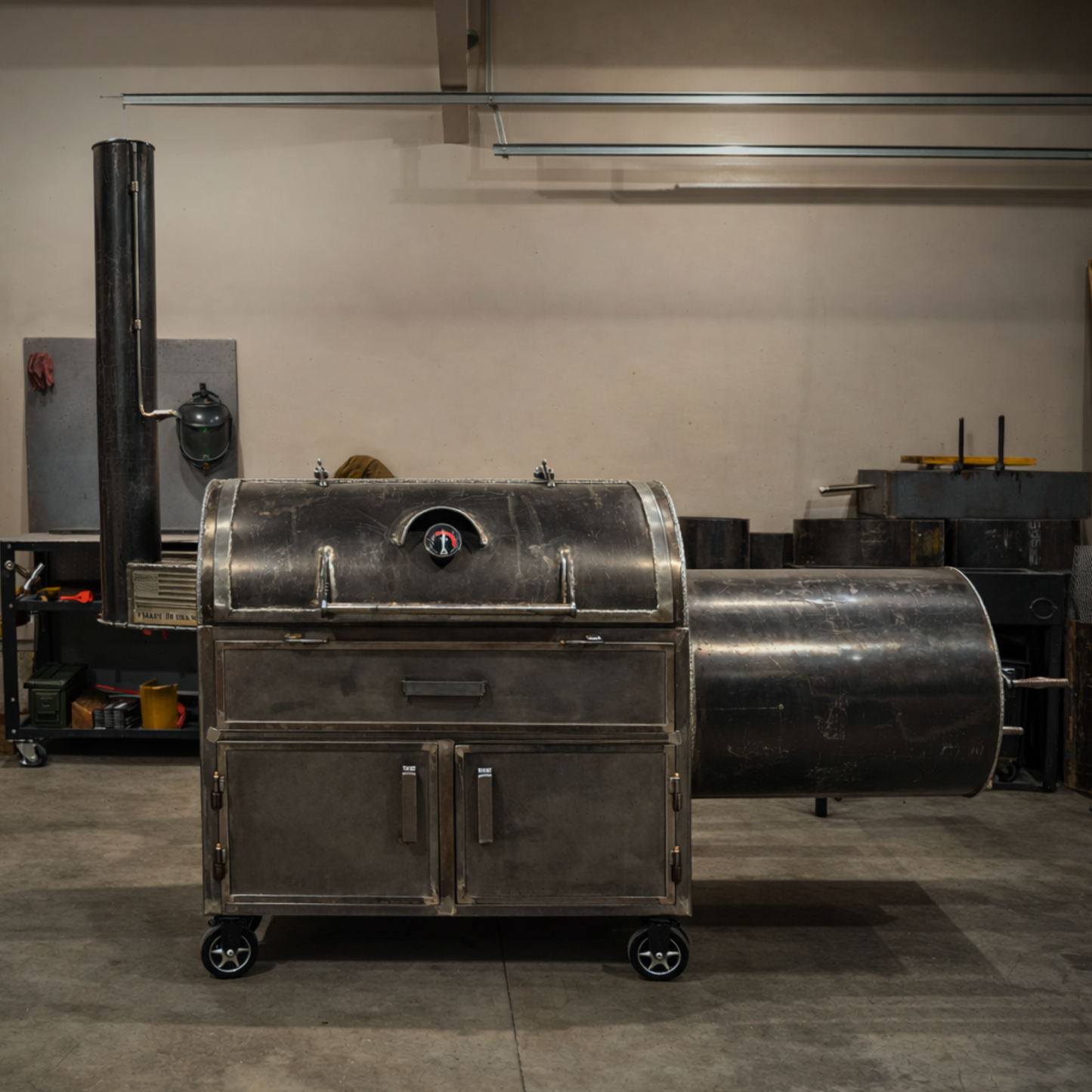 80-Gallon King offset smoker built from 1/4 inch American steel in the West Coast Smokers fabrication shop