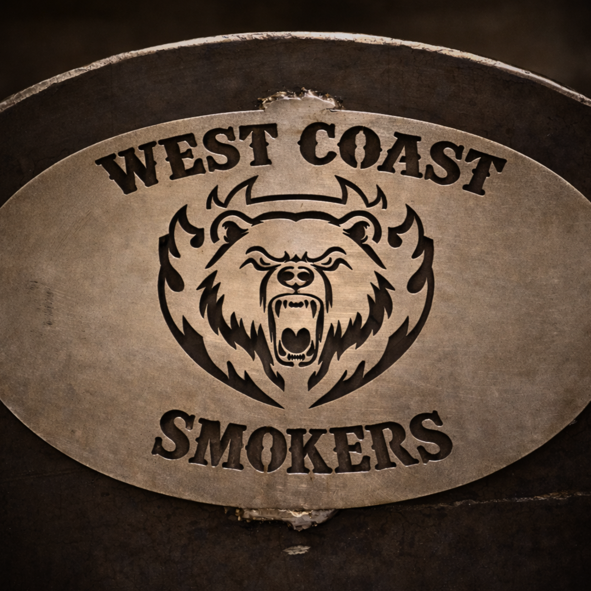 West Coast Smokers steel logo plate on the 80-Gallon King offset smoker